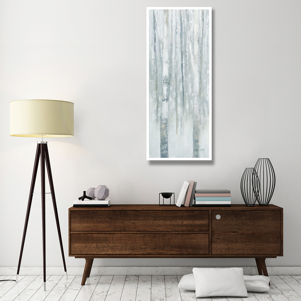 Birches in Winter Blue Gray Panel I -Paper Art-26&quotx62"