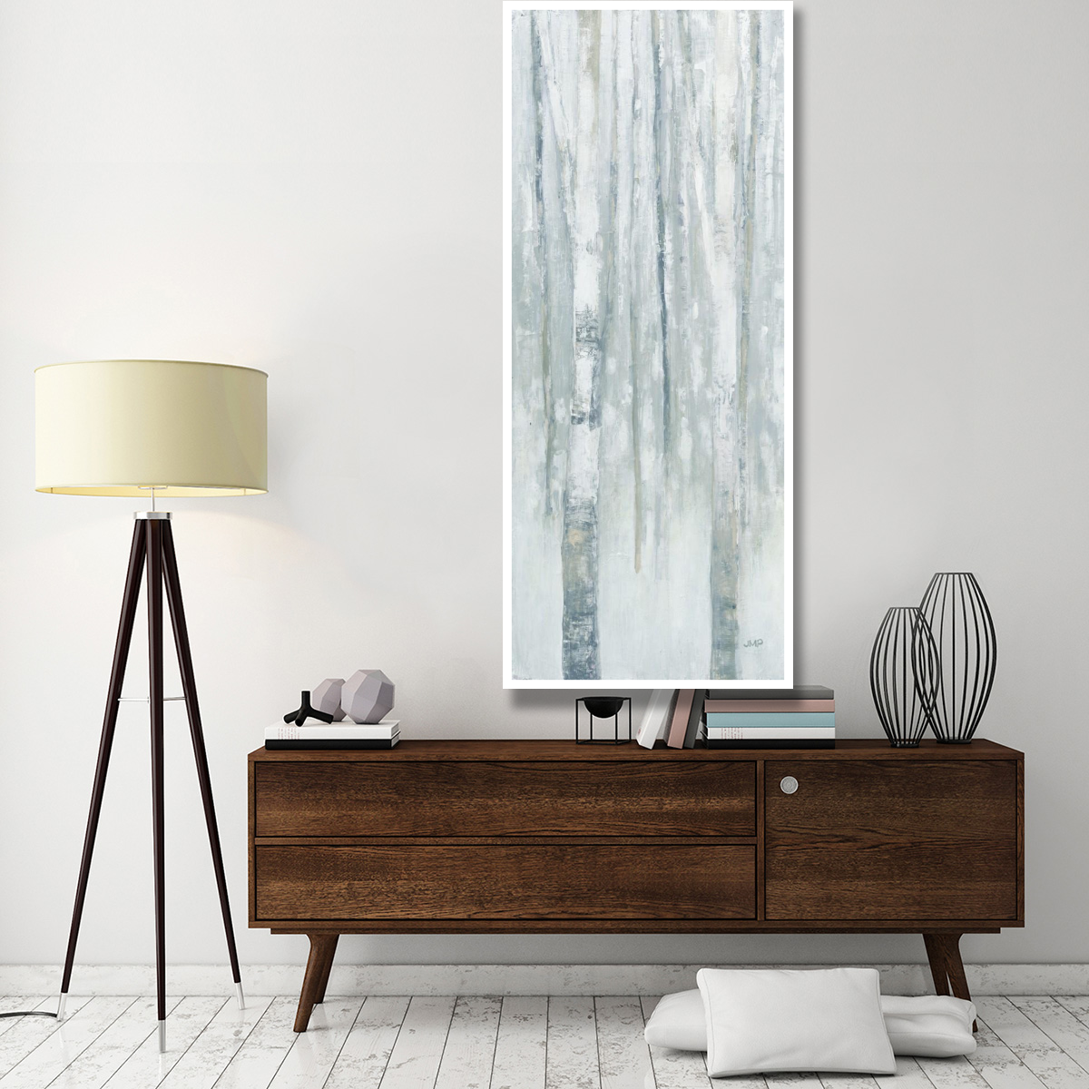 Birches in Winter Blue Gray Panel I -Paper Art-32&quotx77"