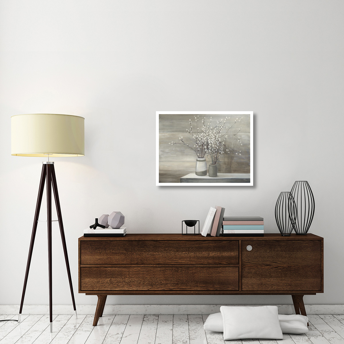 Pussy Willow Still Life Gray Pots -Paper Art-34&quotx26"