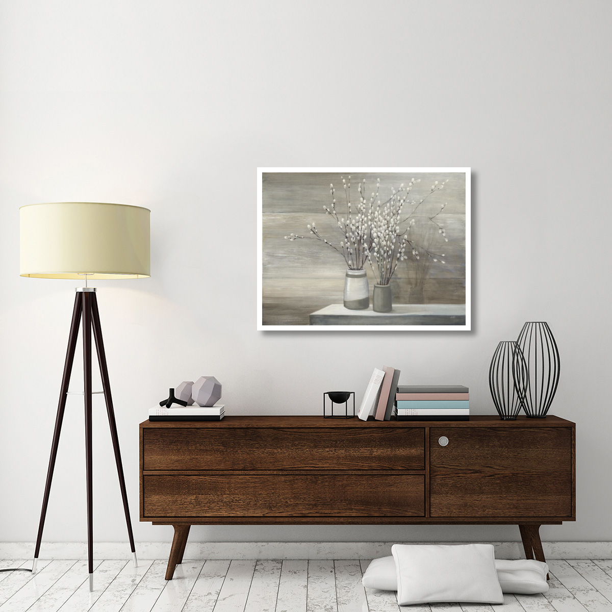 Pussy Willow Still Life Gray Pots -Paper Art-42&quotx32"
