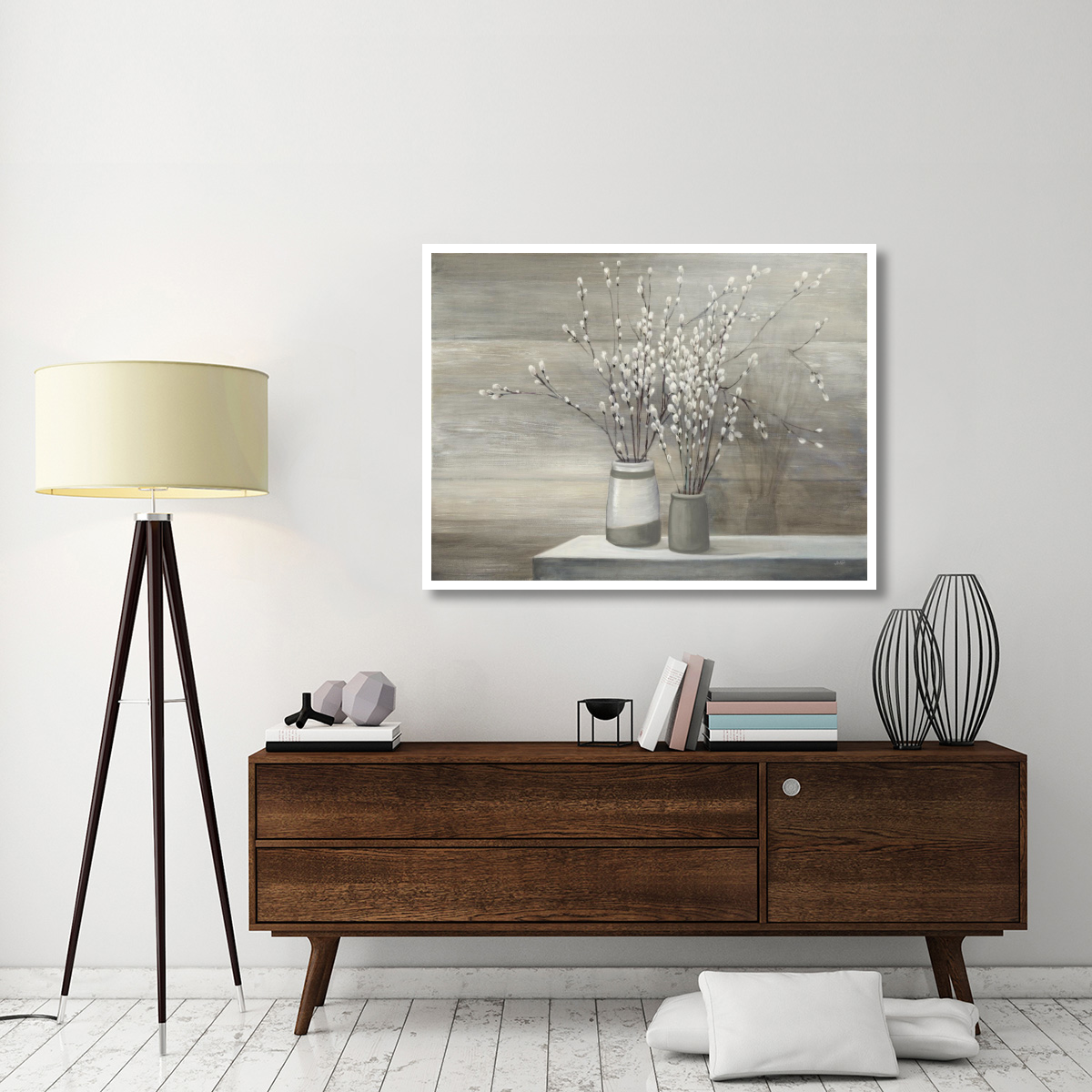 Pussy Willow Still Life Gray Pots -Paper Art-50&quotx38"