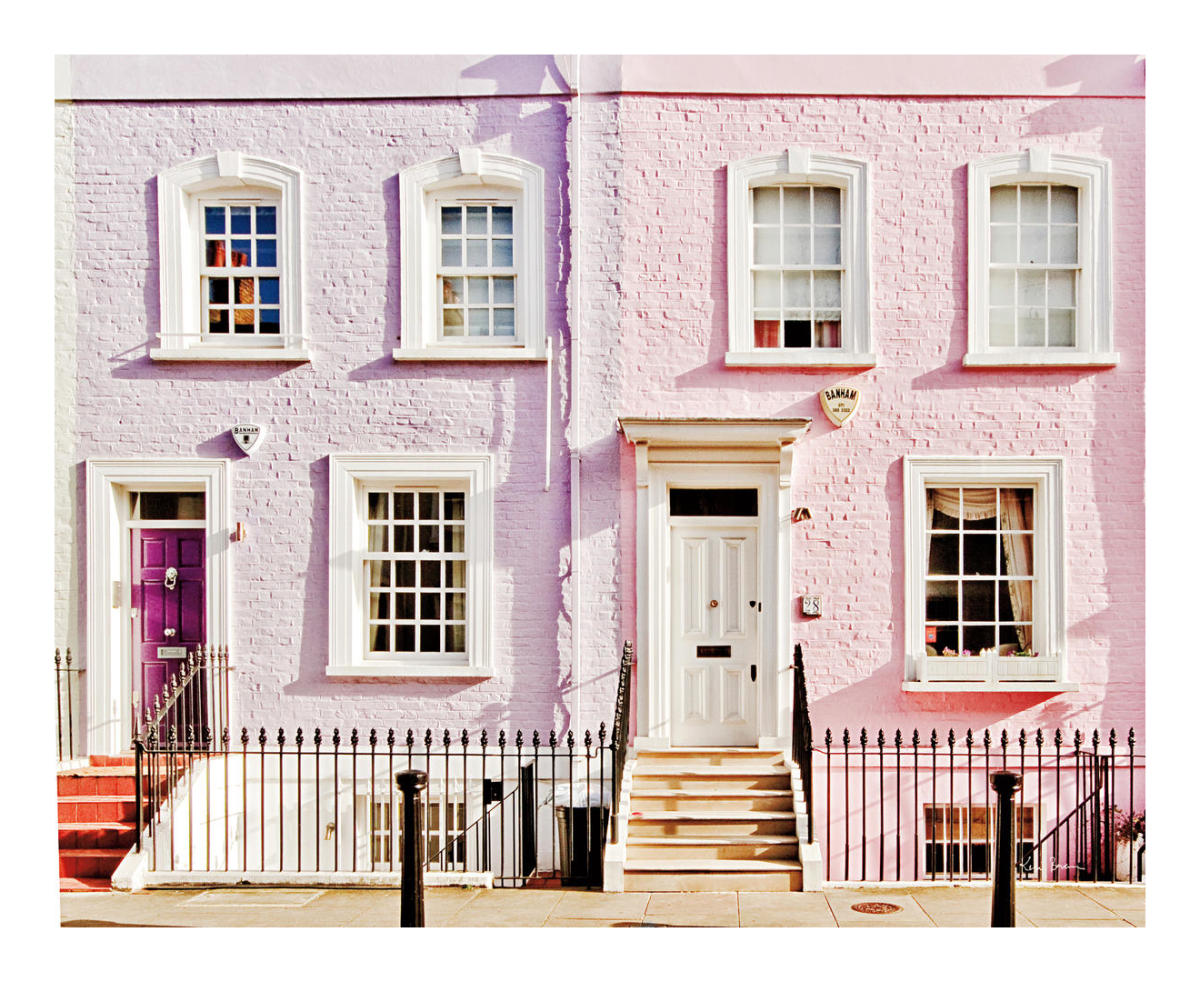 London Pink Purple Houses -Paper Art-22"x18"