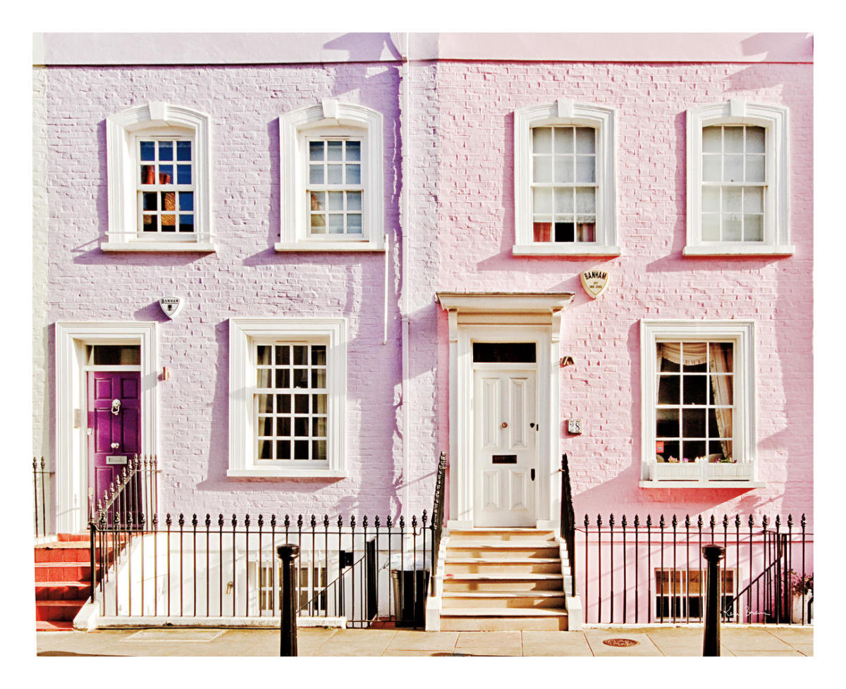 London Pink Purple Houses -Paper Art-26"x22"