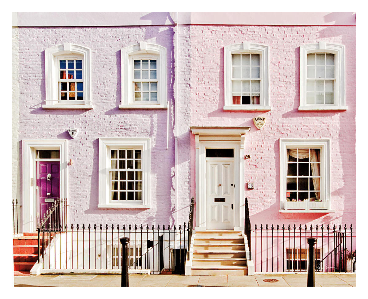 London Pink Purple Houses -Paper Art-30"x24"