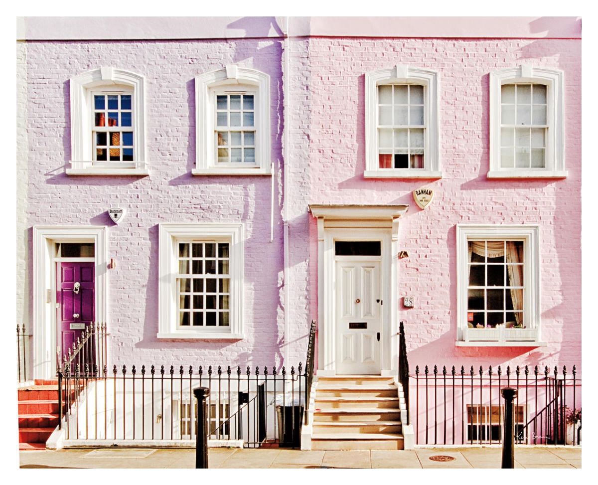 London Pink Purple Houses -Paper Art-37"x30"